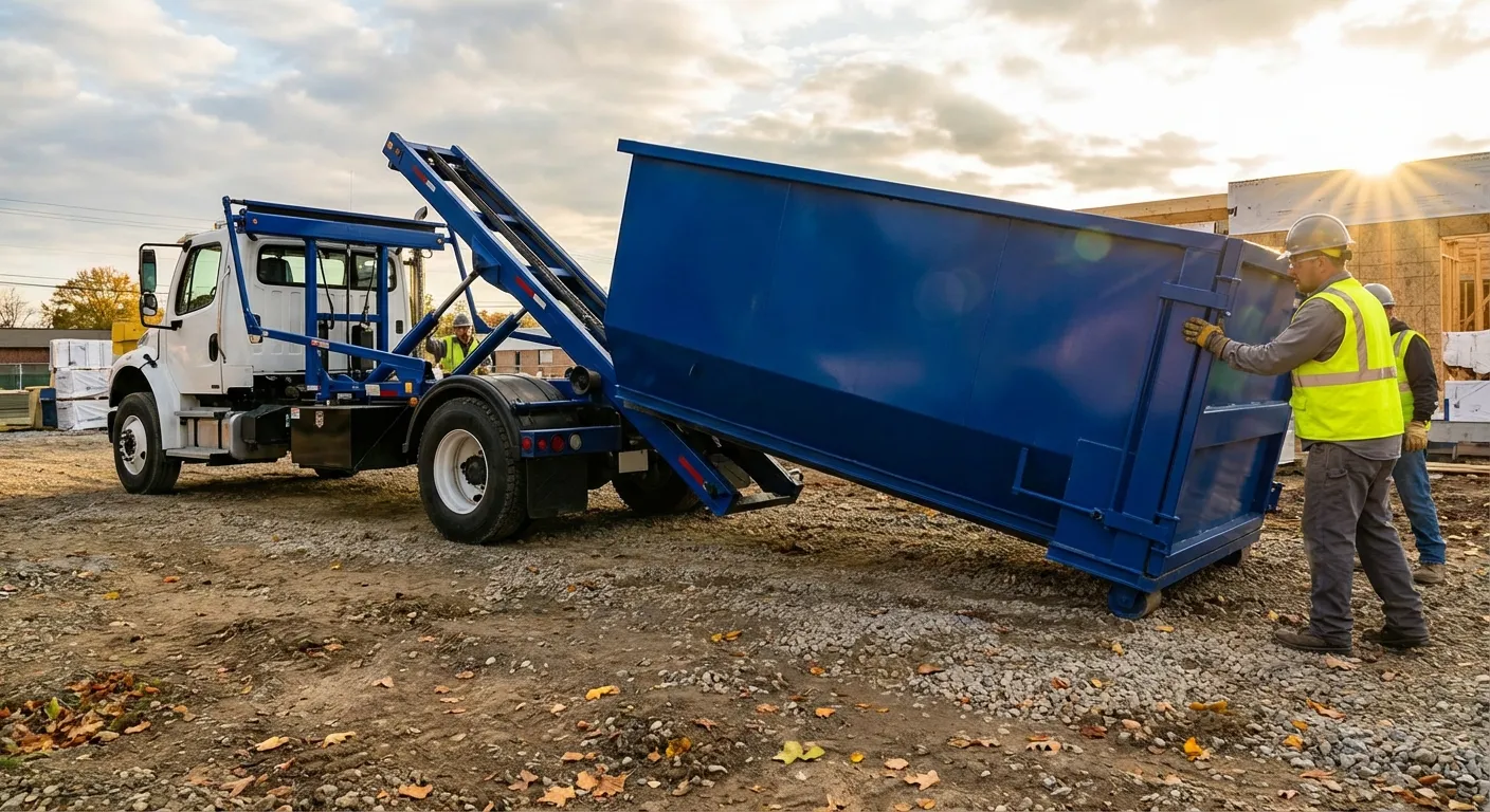 Construction dumpster delivery truck at job site in Richardson, TX