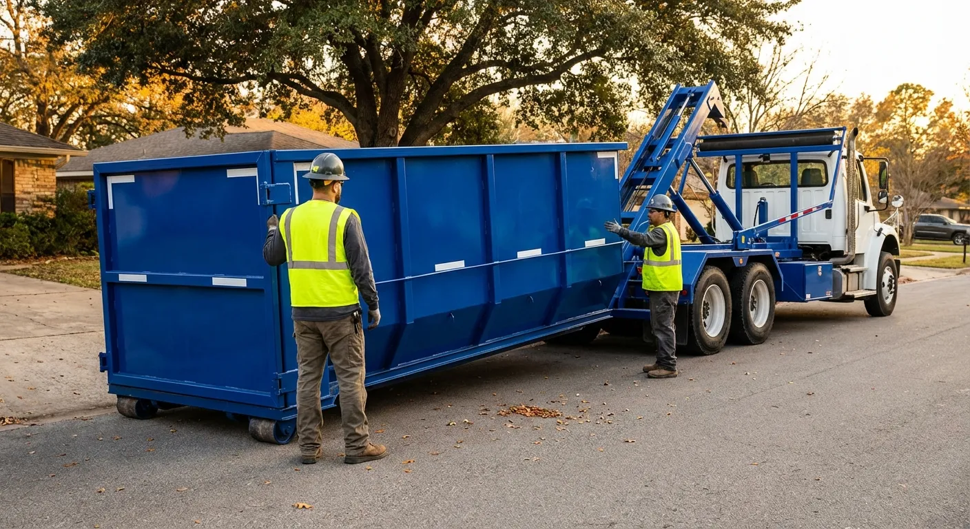 Roll-off dumpster delivery truck in operation in Richardson, TX