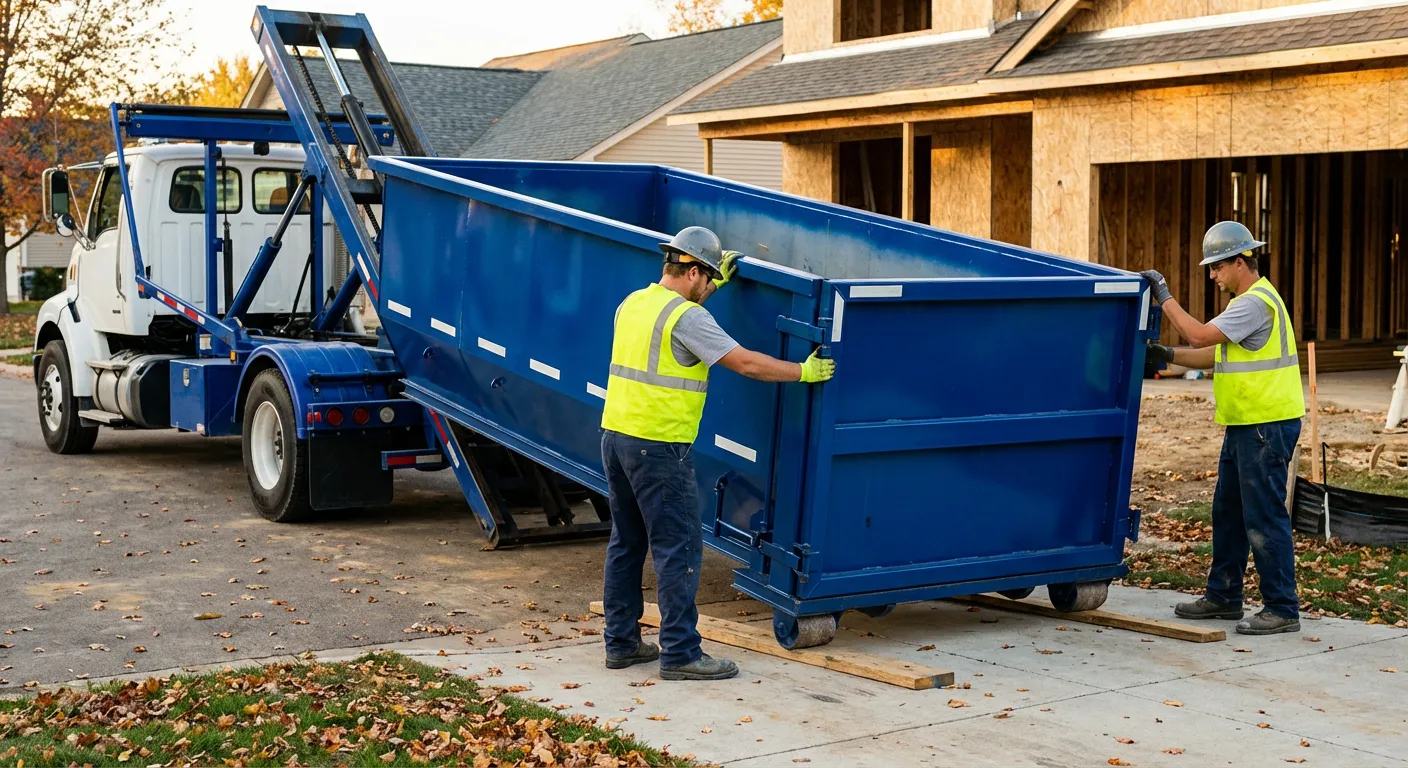 Roll-off dumpster delivery truck in residential area in Richardson, TX