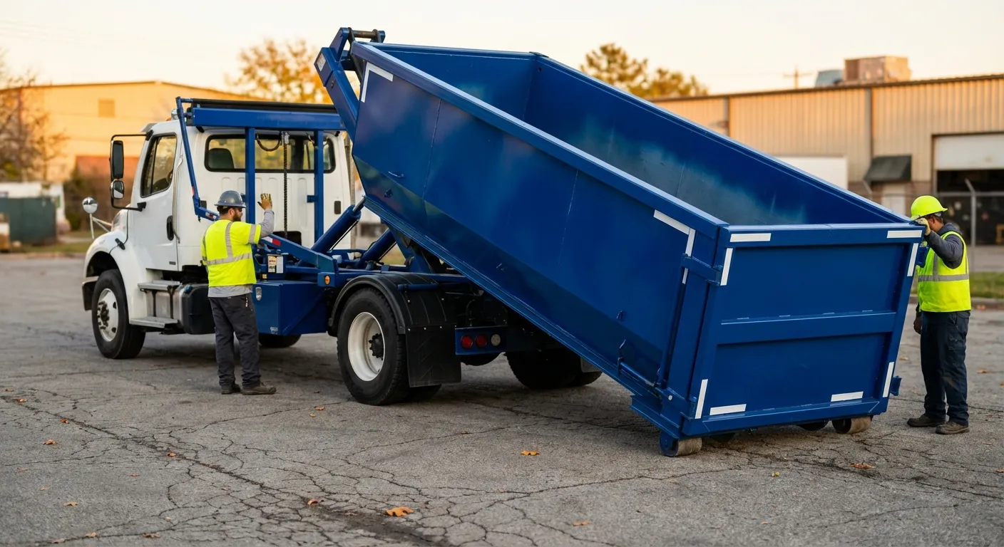 Roll-off dumpster rental truck protecting driveway surfaces in Richardson, TX